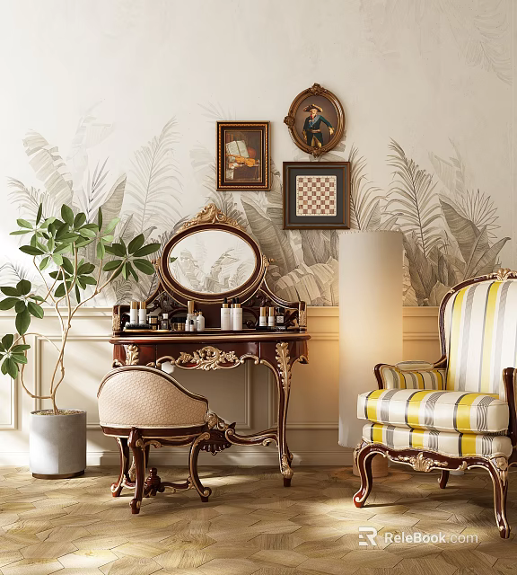 Elegant Vanity Table With Mirror Cosmetics Tropical Leaf Wallpaper Framed Artworks And Potted Plant Chair 3d model 