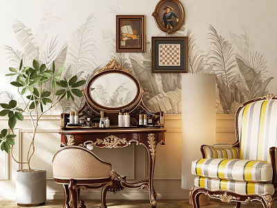 Elegant Vanity Table With Mirror Cosmetics Tropical Leaf Wallpaper Framed Artworks And Potted Plant Chair 3d model