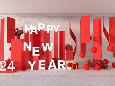 Festive Happy New Year 2024 Red Decorations Setup With Columns Ribbons Balls And Gifts 3d model