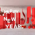 Festive Happy New Year 2024 Red Decorations Setup With Columns Ribbons Balls And Gifts
