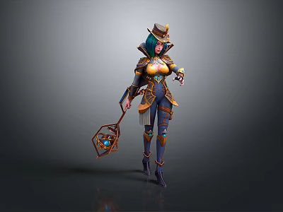 Fantasy Woman With Green Hair Wearing Decorative Hat And Holding Lantern 3d model