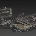 Collapsed Bridge Scene With Broken Structure And Scattered Debris On Damaged Piers 3d model