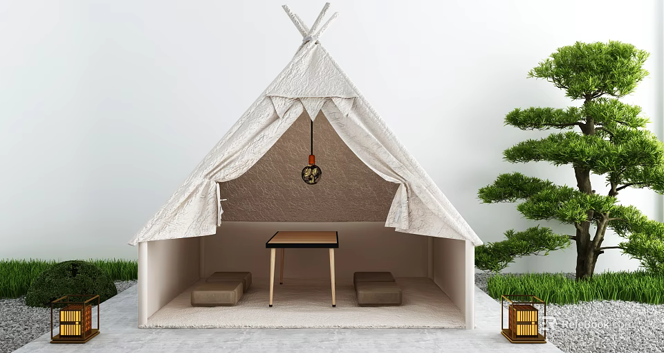 Cozy White Canvas Tent With Wooden Table Cushions Hanging Lantern And Green Plants 3d model 