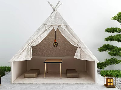Cozy White Canvas Tent With Wooden Table Cushions Hanging Lantern And Green Plants 3d model