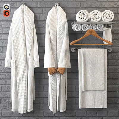 Soft White Textured Bath Towels And Robe Hanging On Rack Against Bricks Wall Bathroom 3d model