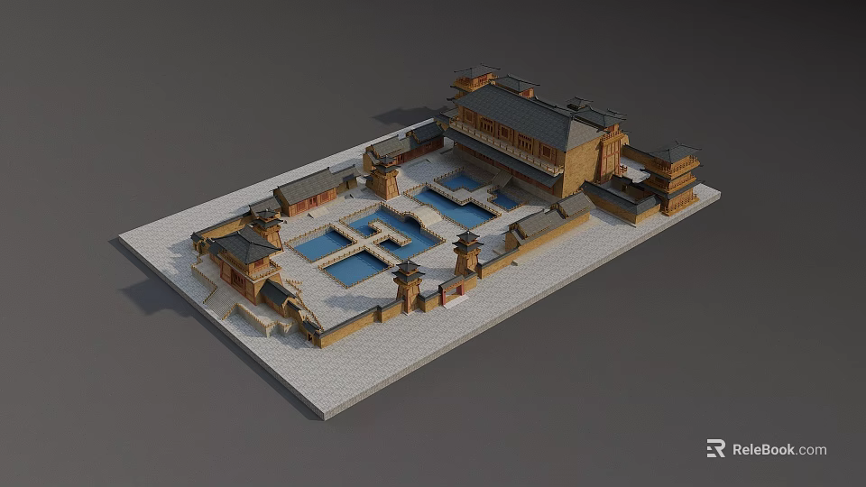 Traditional Chinese Ancient Architectural Complex With Courtyard Ponds And Classic Roof Designs 3d model 