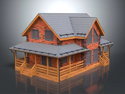 Two Story Red Brick House With Gray Tiled Roof And Wooden Porch Steps 3d model