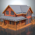 Two Story Red Brick House With Gray Tiled Roof And Wooden Porch Steps