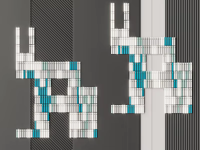 Modern Geometric Wall Decor With Black White Blue Designs On Striped Background 3d model