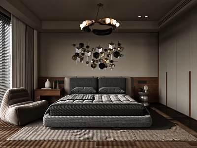 Modern Bedroom Interior Design With Platform Bed Armchair And Geometric Wall Decor 3d model