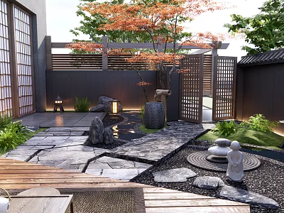 Japanese Zen Courtyard Garden With Stone Lanterns Maple Tree Wooden Deck And Dry Landscape Pebbles 3d model