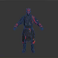3D Sci Fi Character Model With Red Head Dark Outfit And Red Accents Standing Pose