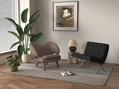 Two Stylish Single Sofas in Cozy Living Room with Blinds Green Plant and Wall Art 3d model