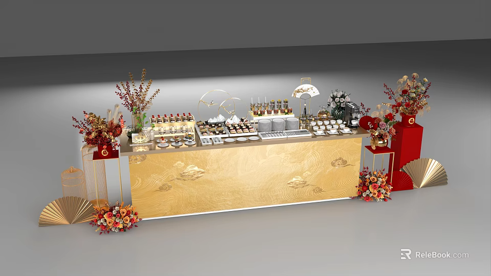 Elegant Tea Break Area with Golden Patterned Table Floral Decorations and Various Desserts 3d model 