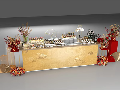 Elegant Tea Break Area with Golden Patterned Table Floral Decorations and Various Desserts 3d model