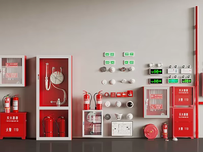 Indoor Fire Protection Equipment Display With Cabinets Extinguishers And Alarms 3d model