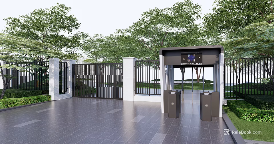 Entrance Gate with Black Metal Fence White Pillars Access Control Turnstiles and Surrounding Green Trees 3d model 