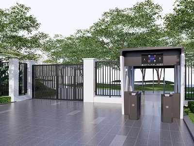 Entrance Gate with Black Metal Fence White Pillars Access Control Turnstiles and Surrounding Green Trees 3d model