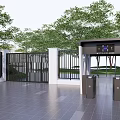 Entrance Gate with Black Metal Fence White Pillars Access Control Turnstiles and Surrounding Green Trees