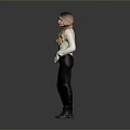 Woman In Light Blue Turtleneck Sweater Ripped Black Jeans And Black Boots On Gray Background