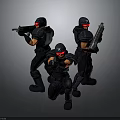 Group of armed figures in black tactical gear with red goggles holding rifles