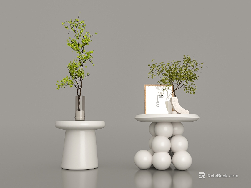 Modern Circular Side Tables With Green Plants Vase And Picture Frame On Gray Background 3d model 
