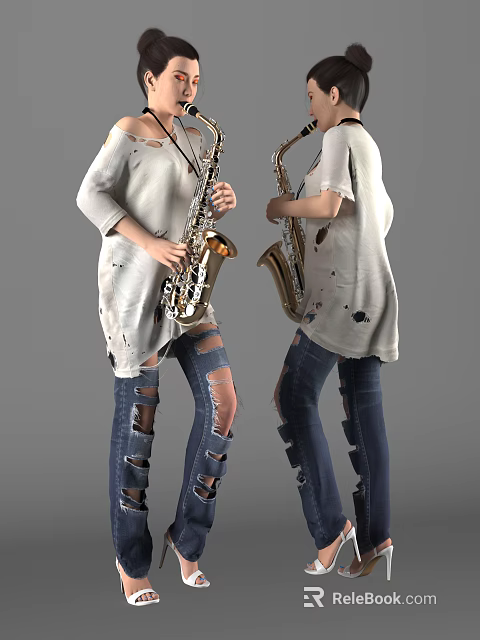 Woman in White Ripped Top and Ripped Jeans Holding Saxophone in Casual Style 3d model 