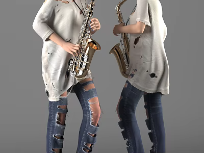 Woman in White Ripped Top and Ripped Jeans Holding Saxophone in Casual Style 3d model