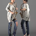 Woman in White Ripped Top and Ripped Jeans Holding Saxophone in Casual Style