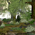 Enchanted Forest With Lush Trees Colorful Flowers Green Vegetation And Sunlight Filtering Through Tree Trunks