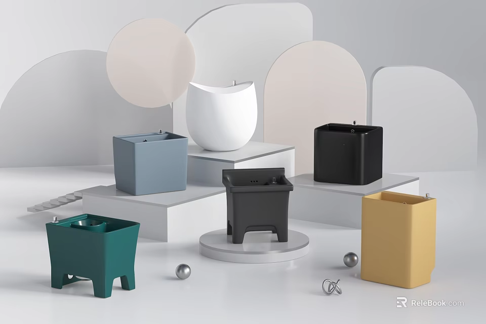 Assorted Colored Waste Bins And Containers For Daily Cleaning Supplies 3d model 