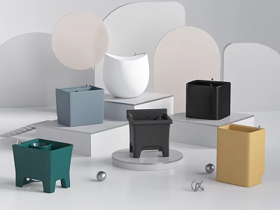 Assorted Colored Waste Bins And Containers For Daily Cleaning Supplies 3d model