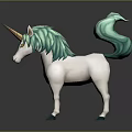 Cute White Unicorn Toy With Green Mane Tail And Golden Horn On Gray Background
