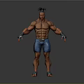 Muscular Game Movie Character Standing Pose With Short Hair Blue Shorts Gloves And Barefoot