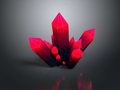 Red Pointed Stone Crystals and Wooden Base Display with Dark Background Reflection 3d model
