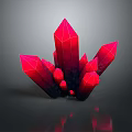 Red Pointed Stone Crystals and Wooden Base Display with Dark Background Reflection