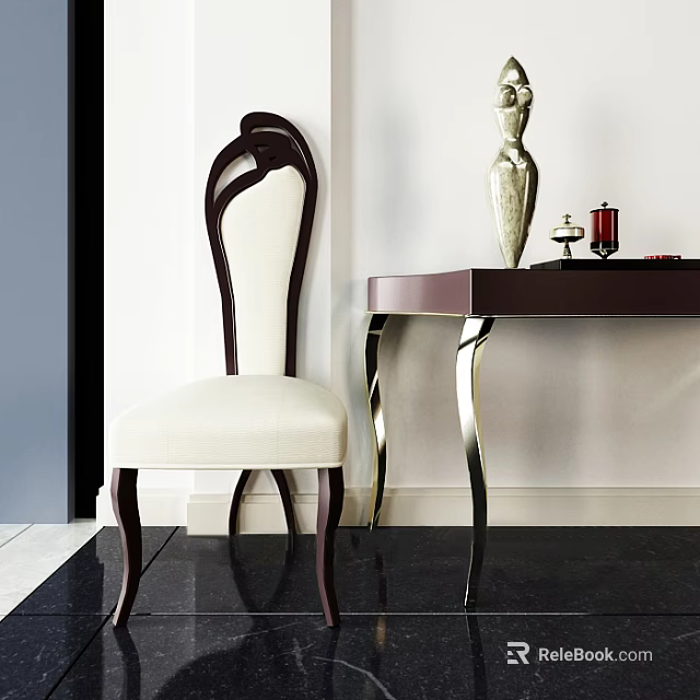 Elegant Leisure Chair With Dark Wooden Backrest And Cream Upholstered Seat 3d model 