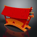 Traditional Chinese Architecture Model With Red Roof Orange Curved Structure And Lantern