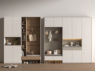 Elegant Modern Shoe Cabinet with White Cabinetry Wooden Elements Open Design and Storage Space 3d model