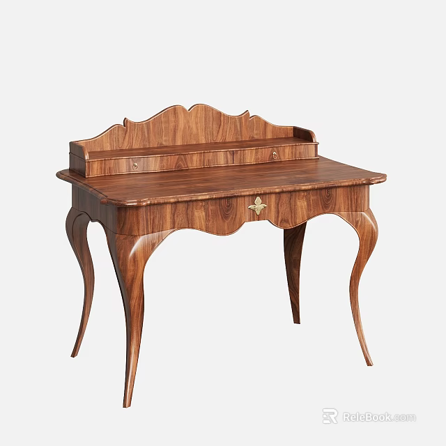 Elegant Walnut Wood Dressing Table With Carved Details And Curved Legs Design 3d model 