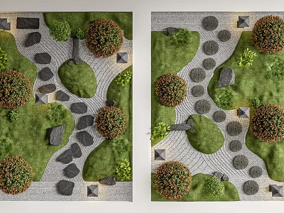 Traditional Zen Garden Landscape With Stone Paths Mossy Mounds And Raked Sand Patterns 3d model