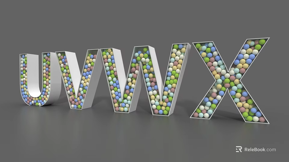 Colorful Balls Filled Alphabet Letters J V W X Display On Gray Background 3d model 