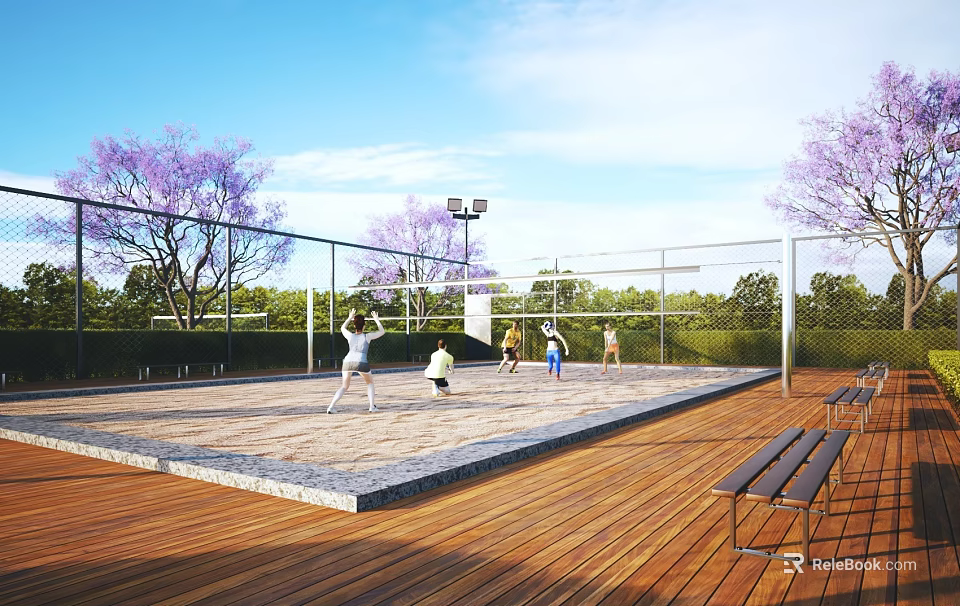 People Playing Beach Volleyball On Outdoor Sand Court With Net And Benches 3d model 