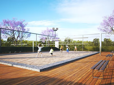 People Playing Beach Volleyball On Outdoor Sand Court With Net And Benches 3d model