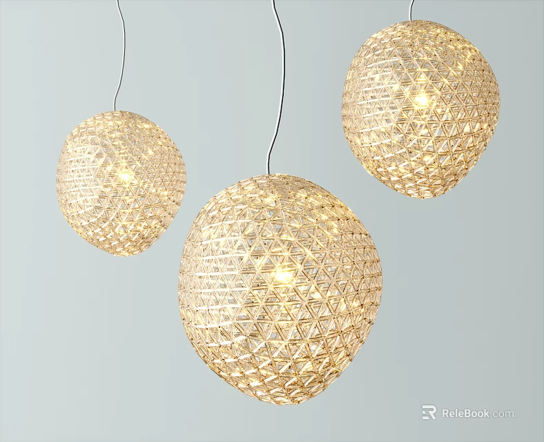 Modern Spherical Chandeliers With Woven Texture Illuminated On Light Blue Background 3d model