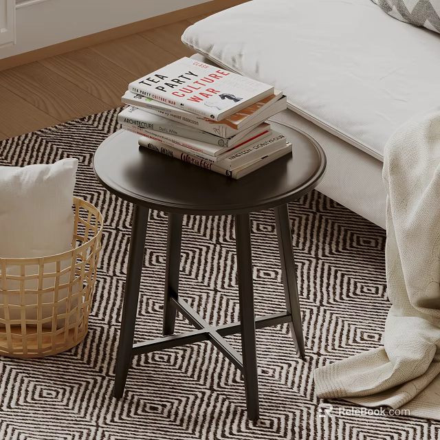 Modern Round Side Table With Stacked Books And Wicker Basket Near Bed On Patterned Rug 3d model 