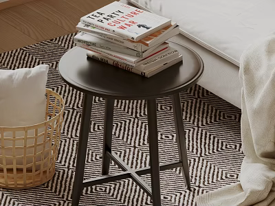 Modern Round Side Table With Stacked Books And Wicker Basket Near Bed On Patterned Rug 3d model