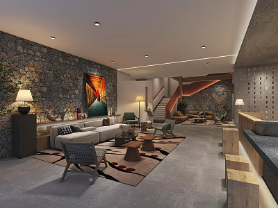Modern Hotel Lobby Interior With Stone Wall Sofa Rug And Staircase 3d model