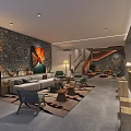 Modern Hotel Lobby Interior With Stone Wall Sofa Rug And Staircase