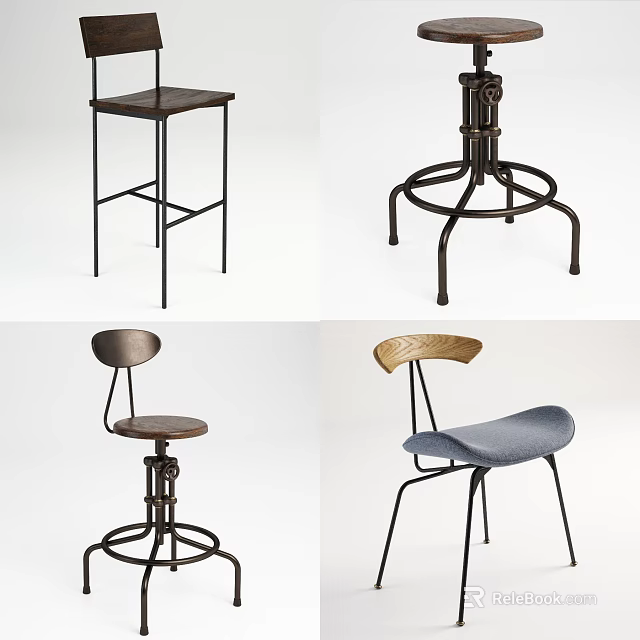 Stylish Bar Stools With Wooden Seats Metal Frames And Upholstered Designs 3d model 